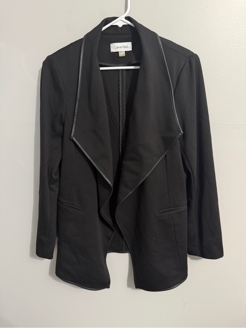 Calvin Klein Blazer Jacket Womens 14 Black Unlined Stretch Faux Leather Trim